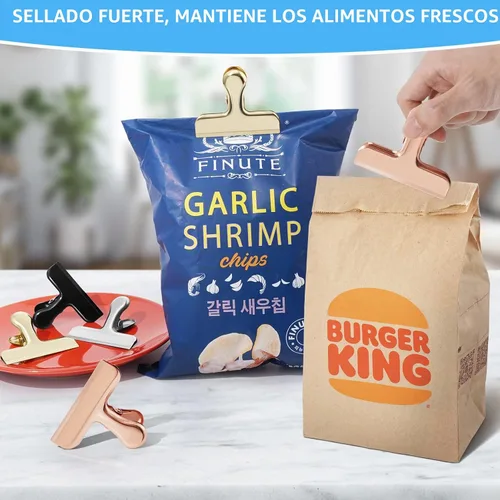 Vista 5 de Pinzas para bolsas, clips de acero inoxidable resistentes, paquete de 8, gran cierre para bolsas de alimentos, ideal para sellar bolsas de café Negro