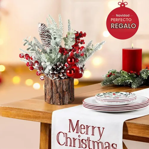 Vista 6 de Hatisan Árbol de Navidad pequeño con adornos de Navidad, piña baya, árbol de Navidad artificial de mesa para decoración de Navidad, hogar