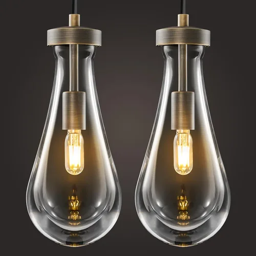 Vista 12 de Lámparas Colgantes de Gota de Lluvia para Isla de Cocina: Lámparas de Gota de Lluvia de Cristal de 2 Luces - Lámparas de Latón Dorado para sobre