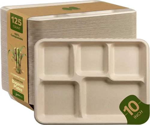 Vista 8 de GUSTO Platos de papel kraft resistentes de 7 pulgadas, 125 unidades, platos de caña de azúcar desechables 100% compostables y biodegradables, marrón