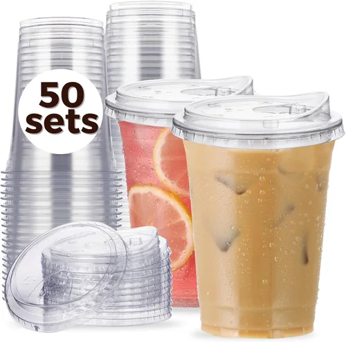 Vista 12 de Vasos de plástico transparente de 9 onzas con tapas para sorber sin pajita, 50 juegos de vasos desechables de plástico para café helado, vasos