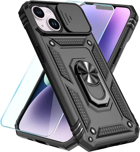 Vista 5 de SunStory Funda compatible con iPhone 14 Plus con protector de pantalla HD, cubierta de cámara deslizante y soporte de anillo giratorio