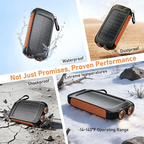 Vista 5 de Banco de energía solar 20000mAh con USB-C, cargador portátil para acampar Naranja