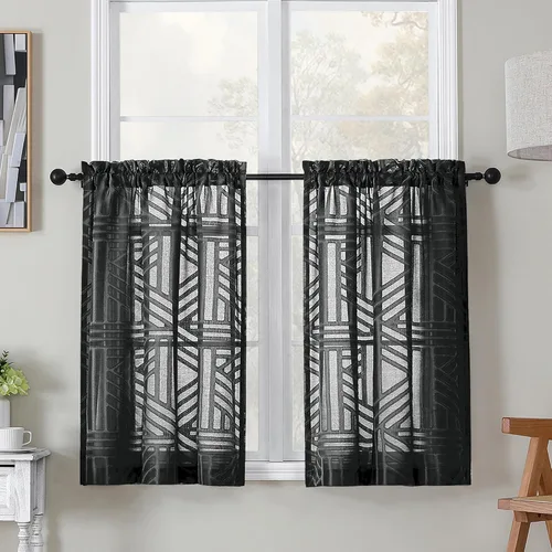 Vista 13 de Simplebrand Cortinas traslúcidas negras de cocina de 24 pulgadas de largo, 2 paneles, filtrado de luz, geométrico jacquard con textura, cortinas