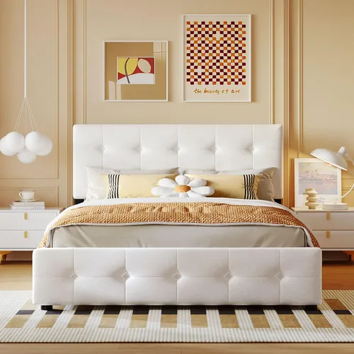 Vista 3 de Bellemave Cama Queen con 4 cajones de almacenamiento, base de cama tapizada con cabecera capitoné con botones, soporte de listones de madera, camas