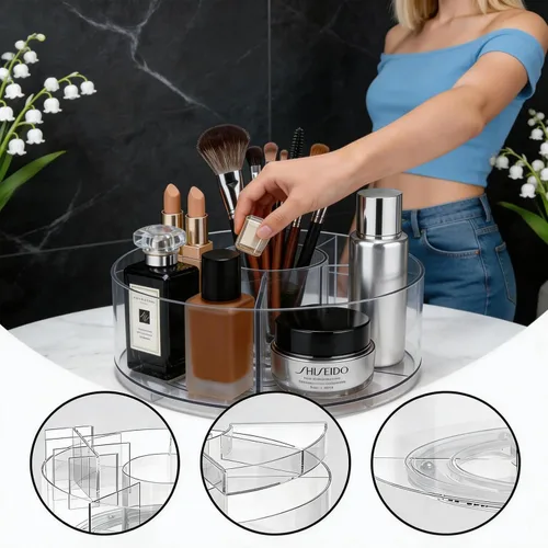 Vista 3 de Organizador de maquillaje acrílico giratorio de 360°, soporte para brochas de maquillaje transparente y soporte para bolígrafos, organizador