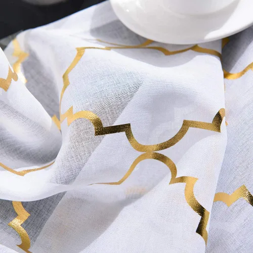 Vista 5 de YJ YANJUN Cortinas traslúcidas de 63 pulgadas de largo, cortinas de gasa metálicas doradas y blancas para dormitorio, diseño moderno marroquí