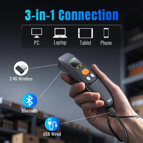 Vista 6 de Tera Escáner de Código de Barras Inalámbrico Portátil: Pantalla LCD Grande de 1.4" Batería de 1200mAh con Base de Carga Diseño Ergonómico 1D 2D QR