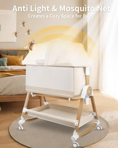 Vista 6 de suihuooo Moisés de bebé 4 en 1, Moisés cuna colecho con ruedas y cesta de almacenamiento, Cuna colecho ajustable de 7 alturas con mosquitero, Moisés