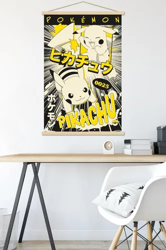 Vista 5 de Trends International Pokémon - Póster de pared de anime Pikachu, 22.37 x 34.00 pulgadas, paquete de impresión premium y colgador de madera de haya