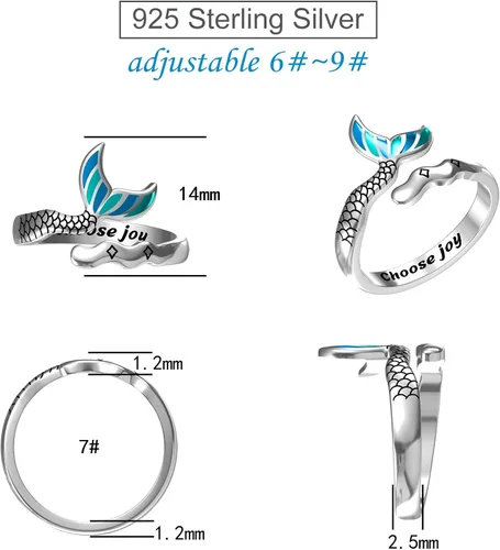 Vista 5 de Anillo de cola de sirena de plata de ley 925 con cola de delfín para mujer Metal circonita