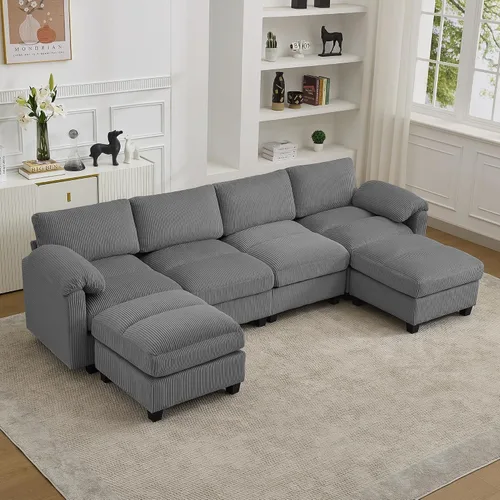 Vista 33 de Sofá modular de 61 pulgadas con otomana, asiento extra profundo para sala de estar, sofá de asiento profundo de pana con almohadas para Beige