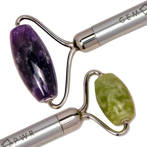 Vista 3 de Amatista + rodillo de jade para masaje facial y cuello, piedras preciosas dobles con mango de acero duradero y bolsa de viaje. Minimiza las arrugas