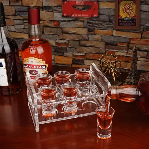 Vista 2 de D&Z Bandeja de vidrio acrílico para servir con 6 vasos de chupito transparentes de tequila de base pesada de 1 oz