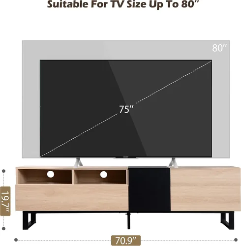 Vista 7 de Polibi Soporte de TV para TV de 80 pulgadas con puerta abatible, mesa consola multimedia moderna, centro de entretenimiento con doble espacio