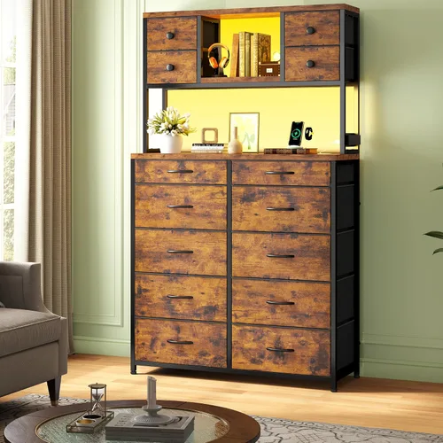 Vista 8 de Romorgniz Cómoda de 62 pulgadas de alto para dormitorio con luces LED y estación de carga, marrón Stable Steel Frame, Wood Top, Fabric Storage