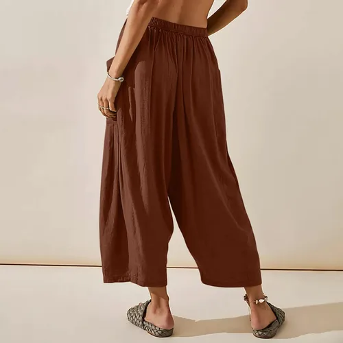 Vista 2 de Bemona Pantalones de lino de pierna ancha para mujer, cintura elástica, pantalones holgados con cordón y bolsillos, pantalones cortos de verano
