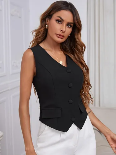 Vista 2 de SweatyRocks Elegante chaleco sin mangas con cuello en V y botones delanteros para mujer