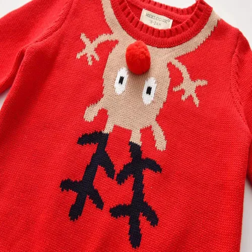 Vista 3 de Suéter de punto con cuello redondo para niños y niñas pequeñas, sudadera de algodón, ropa cálida para otoño e invierno, Rojo