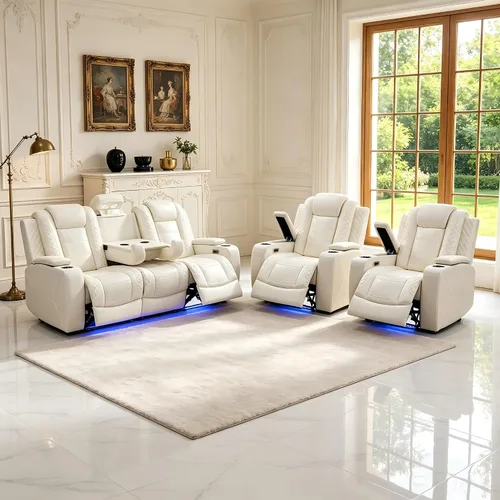 Vista 64 de Juego de sofás reclinables eléctricos, juegos de muebles de sala de estar, sofá reclinable eléctrico moderno negro, sofá biplaza y silla