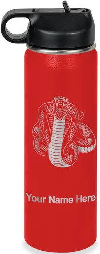 Vista 36 de LaserGram Botella de agua personalizada, serpiente de cobra, acero inoxidable de doble pared aislada al vacío con popote superior, regalo grabado
