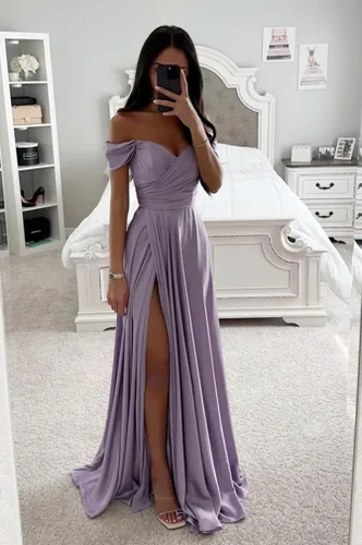 Vista 2 de PEIYJYUSP Vestidos de dama de honor de satén con hombros descubiertos para boda, largo, fruncido, acampanado, vestido de graduación formal