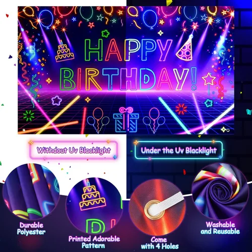 Vista 6 de Decoración de pancarta de fiesta de cumpleaños de neón brillante, telón de fondo de feliz cumpleaños con temática de fiesta