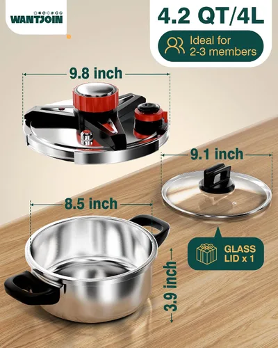 Vista 2 de WantJoin Olla a presión de 4.2 cuartos – Recipiente a presión de acero inoxidable 3 en 1 compatible con cocina de gas y de inducción, dispositivos