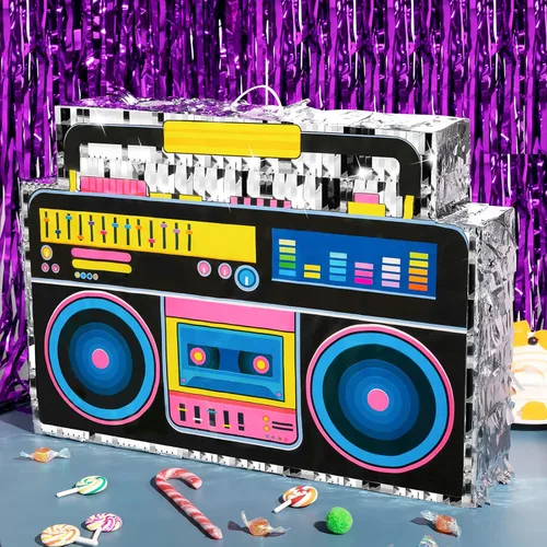 Vista 5 de Tenare Boombox Piñata Boom Box - Piñata de los años 80, suministros de fiesta musical retro de los años 90 para decoración de fiesta de cumpleaños