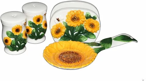 Vista 2 de Country Sunflower Painted Stove Top Set, salero y peper shaker, servilletero, cuchara resto 83025/28 by ACK Girasol país