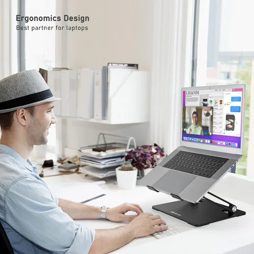 Vista 2 de BoYata Soporte para laptop, elevador ajustable para laptop con silicona deslizante y ganchos protectores, soporte para laptop de hasta 17 pulgadas