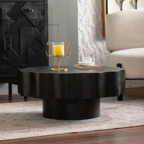 Vista 3 de Mesa de centro redonda de 31.5 pulgadas, moderna mesa de té de madera con forma de borde ondulado, mesa de centro circular de madera de tambor