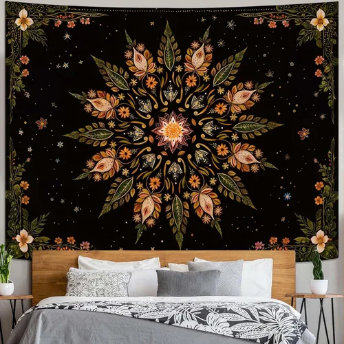 Vista 18 de Fowocu Tapiz bohemio con mandala floral para colgar en la pared, medallón de flores bohemias, tapiz estético, beige, naranja, hippie, indio, pequeño