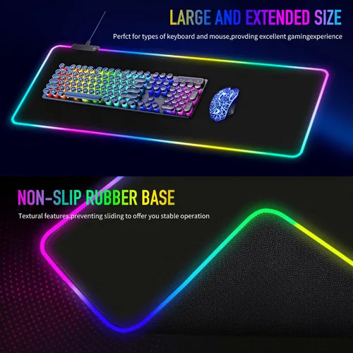 Vista 4 de Alfombrilla de mouse grande RGB para juegos, 15 modos de luz, control táctil, alfombrilla de teclado de computadora suave extendida, base de goma