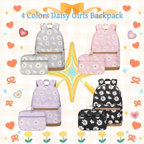 Vista 13 de 3 piezas de mochila con estampado de margaritas para niños, mochila de escuela primaria, mochila para estudiantes de primaria, mochila para Negro
