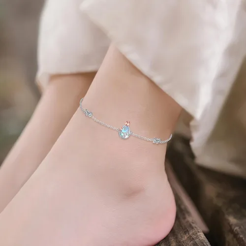 Vista 6 de AOBOCO Tobillera de plata de ley para mujer, pulsera de tobillo de ojo turco de mariposa de cristal, libélula