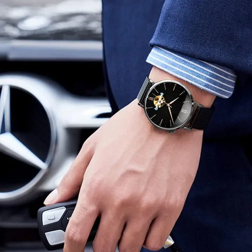 Vista 4 de Correas de reloj de 0.866 in compatibles con Fossil Gen 6/5/4, pulsera de metal sólido y correa de bucle milanesa tejida de malla Negro+Negro