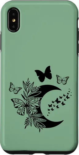Vista 7 de Funda de bruja Wicca Wicca para iPhone 15, diseño de luna y mariposa, color verde salvia