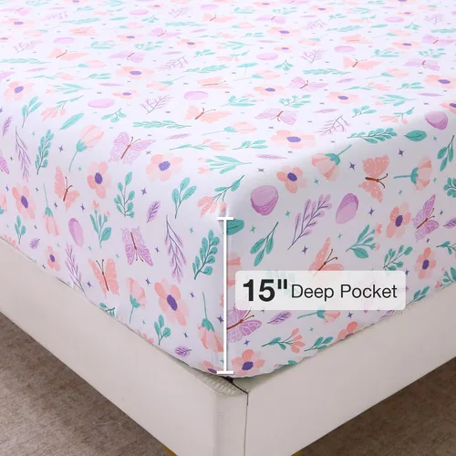 Vista 3 de Viviland Juego de sábanas tamaño matrimonial con estampado botánico de mariposas y flores rosadas y moradas, 4 piezas, sábanas de microfibra suave