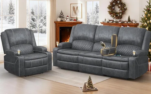 Vista 28 de Sofá reclinable de 3 plazas, sofá reclinable con consola elevable (tela, azul) Reclining Sofa with USB Removable Armrest, RV Sofa with Cup Holder