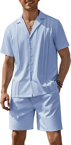 Vista 14 de COOFANDY Conjunto corto de 2 piezas para hombre, camisa con botones Guayabera, casual, trajes de playa de verano Verde militar
