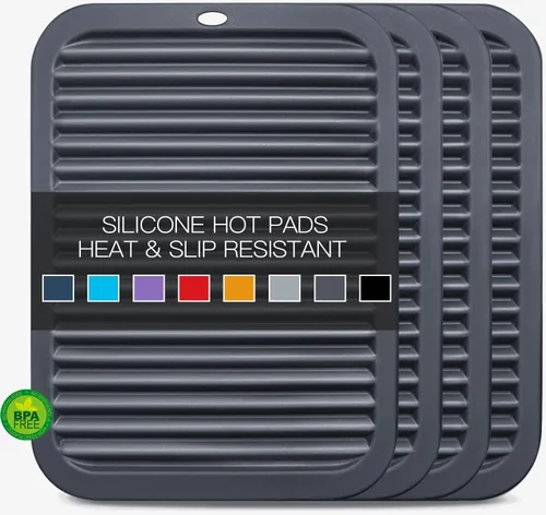 Vista 32 de Salvamanteles para platos calientes, paquete de 4 almohadillas calientes de silicona para cocina, tapete de silicona antideslizante resistente al