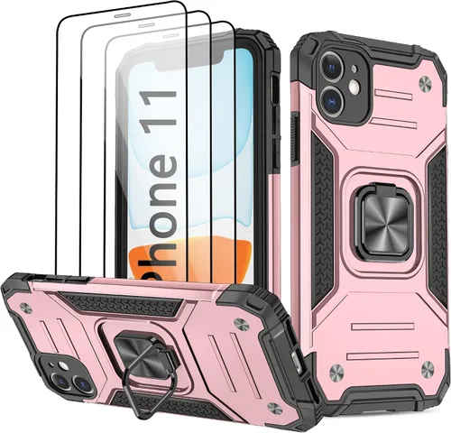 Vista 9 de Funda para iPhone 11, para iPhone 11 con 3 protectores de pantalla de vidrio templado, anillo magnético integrado de grado militar con soporte