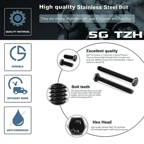 Vista 4 de Tornillo de perno de cabeza hexagonal de 3/8-16 x 1/2", 20 piezas de acero inoxidable 18-8 (304), totalmente roscado, óxido negro por SG TZH