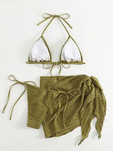 Vista 4 de GORGLITTER Traje de baño de 3 piezas para mujer, conjunto de bikini de triángulo halter con falda de playa