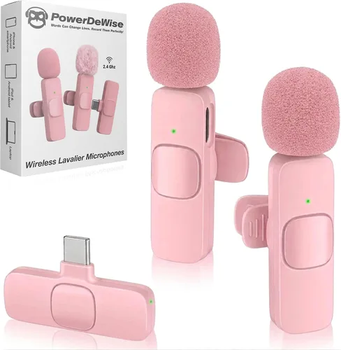 Vista 8 de PowerDeWise Micrófono Lavalier inalámbrico para iPhone y Android, paquete de 2 mini micrófonos blancos, micrófono de clip USB-C/Lightning