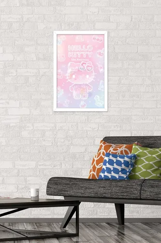 Vista 2 de Trends International Hello Kitty - Póster de pared de 50 aniversario, 14.72 x 22.37 pulgadas, versión enmarcada en blanco
