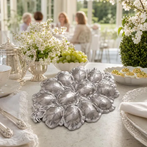 Vista 8 de Arthur Court Bunny Deviled Egg Holder - Recipiente de metal de aluminio para reuniones de Pascua, 12 x 8.5 pulgadas