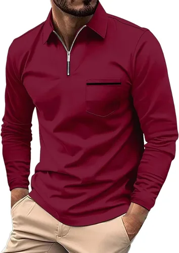 Vista 4 de Polo con cremallera de un cuarto para hombre, manga larga, ajustada, elástica, cuello para golf, oficina y trabajo