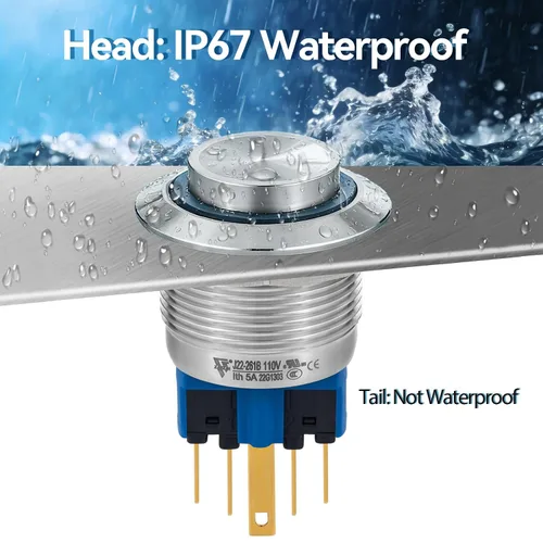Vista 6 de Interruptor de botón de 0.866 in con cierre redondo alto impermeable IP67 de acero inoxidable 304 con luz LED de 110 V 120 V CA para 7/8 pulgadas